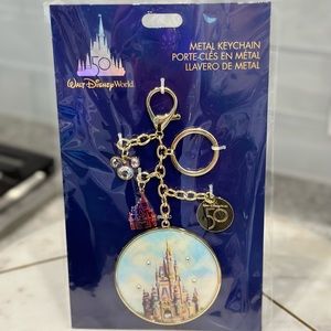 Disney Gold Tone 50th Anniversary Castle Keychain with Blue Enamel
